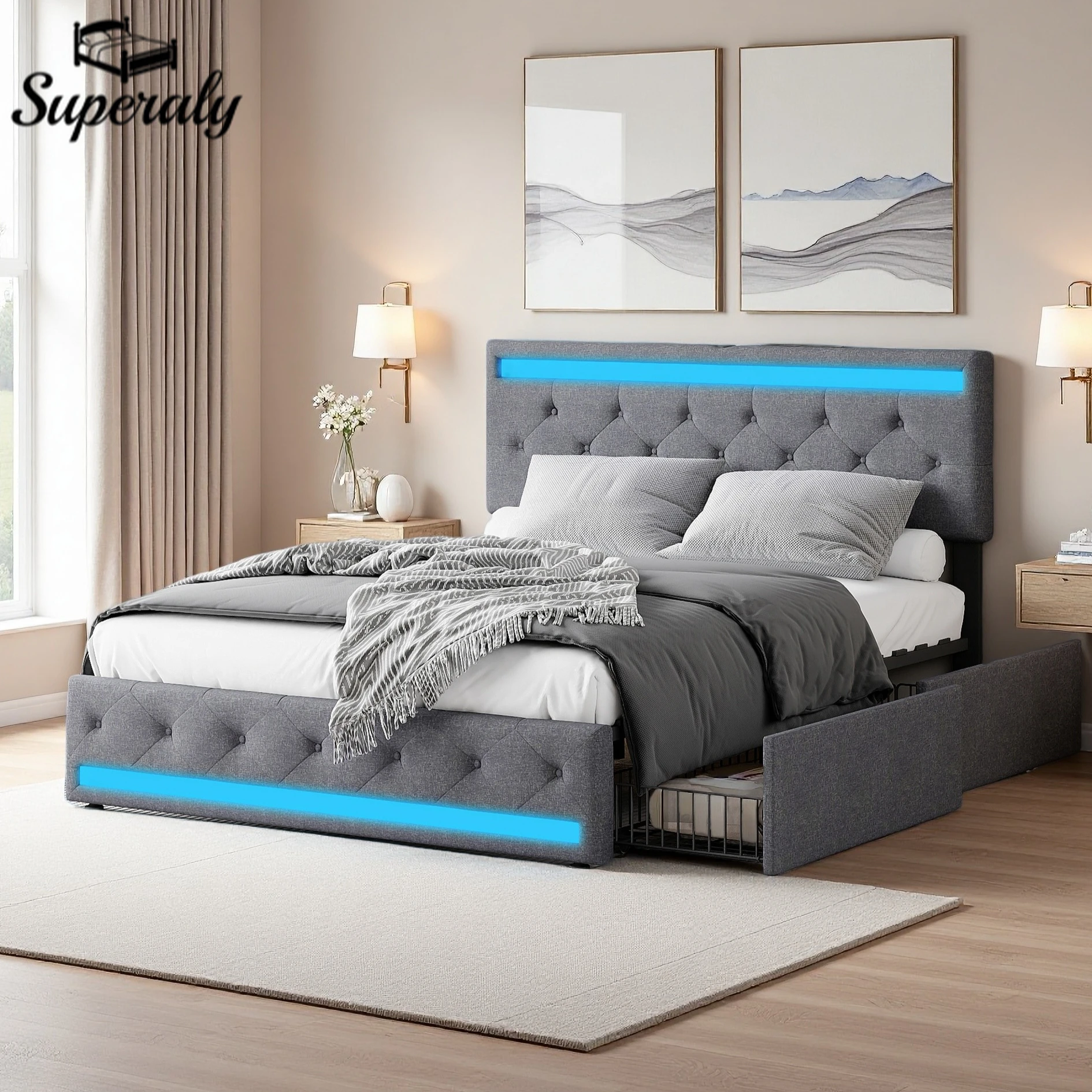 Lit rembourré Superaly 140x190cm avec 4 tiroirs, éclairage LED et port de charge USB, cadre de lit double en lin avec sommier à lattes