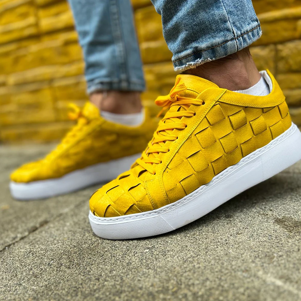 FOH Store Sneakers for Men YELLOW Artificial Leather 2023 Spring Autumn Casual Lace Up Fashion Shoes High Base Sport Comfortable Light Vulcanized Daily Original Canvas Odorless Orthopedic Suits Office Wedding 209