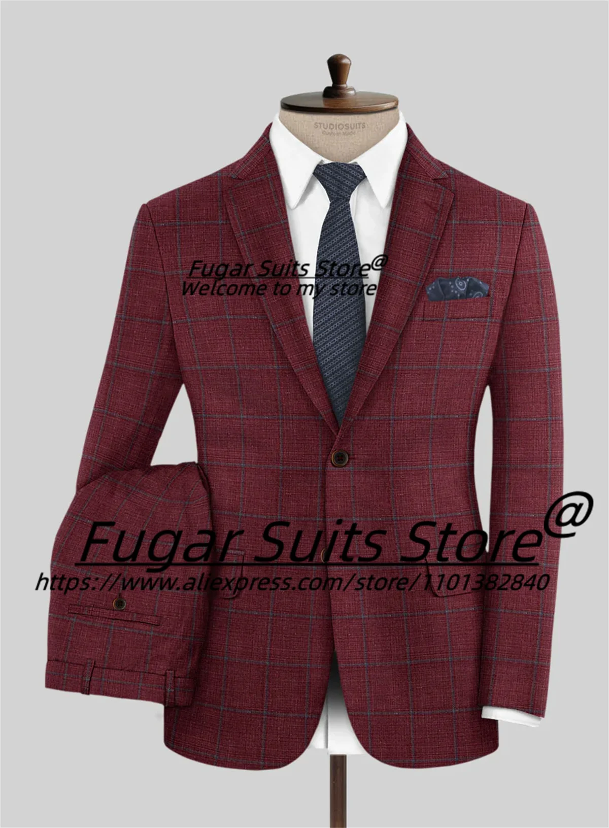 Wine Red Handsome Plaid Men Suits Slim Fit Notched Lapel Groom Prom Tuxedos 2 Pieces Sets Business Male Blazers Costume Homme