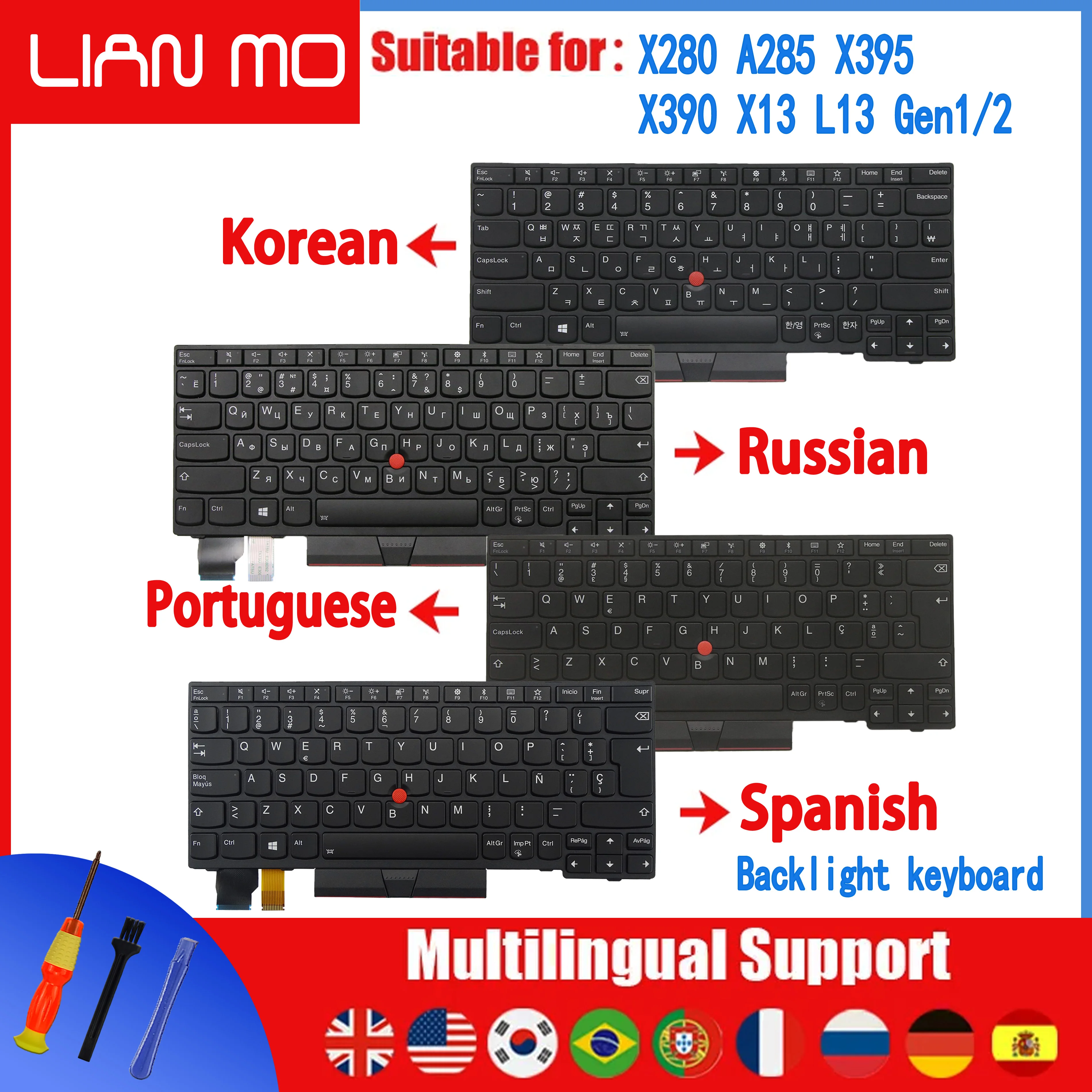 US UK hebrajski brazylia francuski hiszpański portugalski klawiatura do notebooka dla Lenovo ThinkPad X280 A285 X390 X395 01YP040 01YP042 01YP050