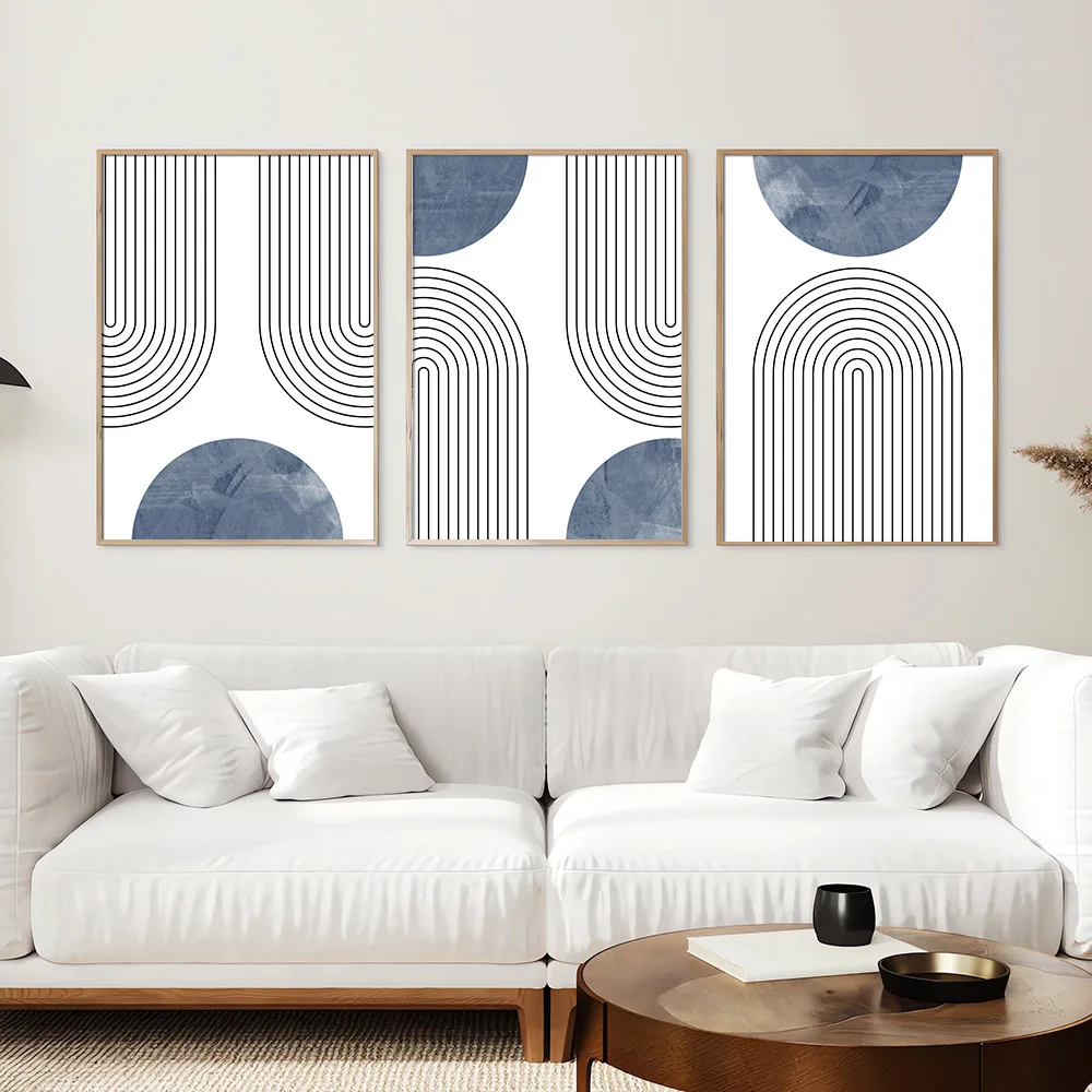 Set of 3 Blue Mid-century Retro Geometric Art Poster Print Boho Simple Line Abstract Wall Decor Painting Minimalist Wall Picture