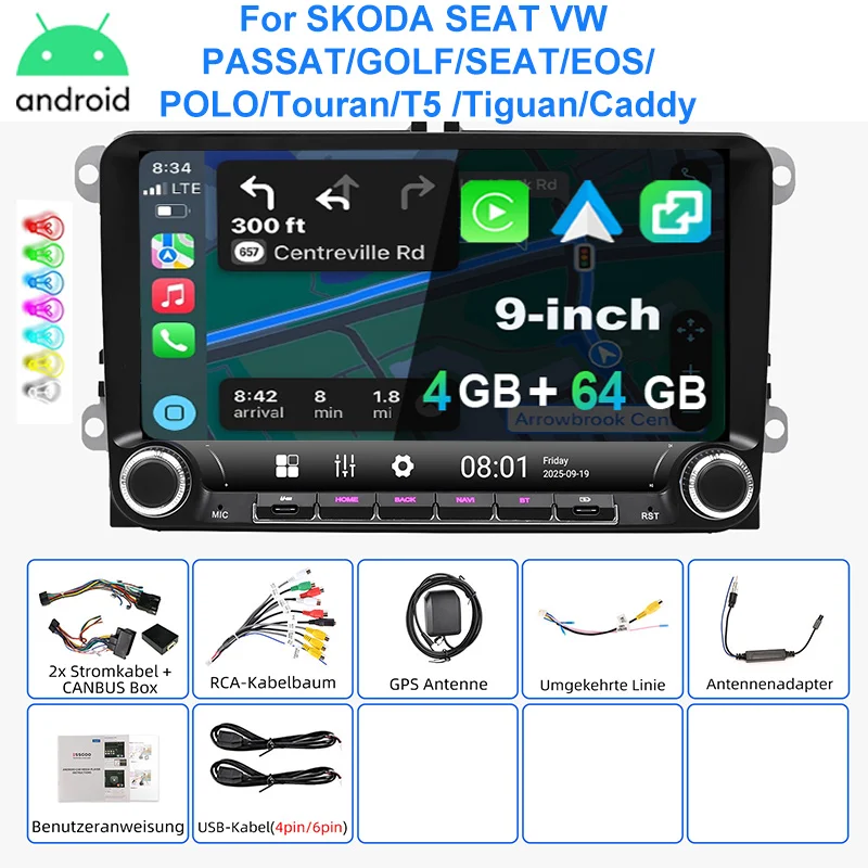 ESSGOO Autoradio Android15 9" 4+64 GB voor VW Golf 5 6 Plus Touran Caddy Jetta Passat Polo GPS Navigatie Bluetooth RDS FM WiFi Draadloze CarPlay Android Auto 2+32 GB Stuurwielbediening Aanraakscherm