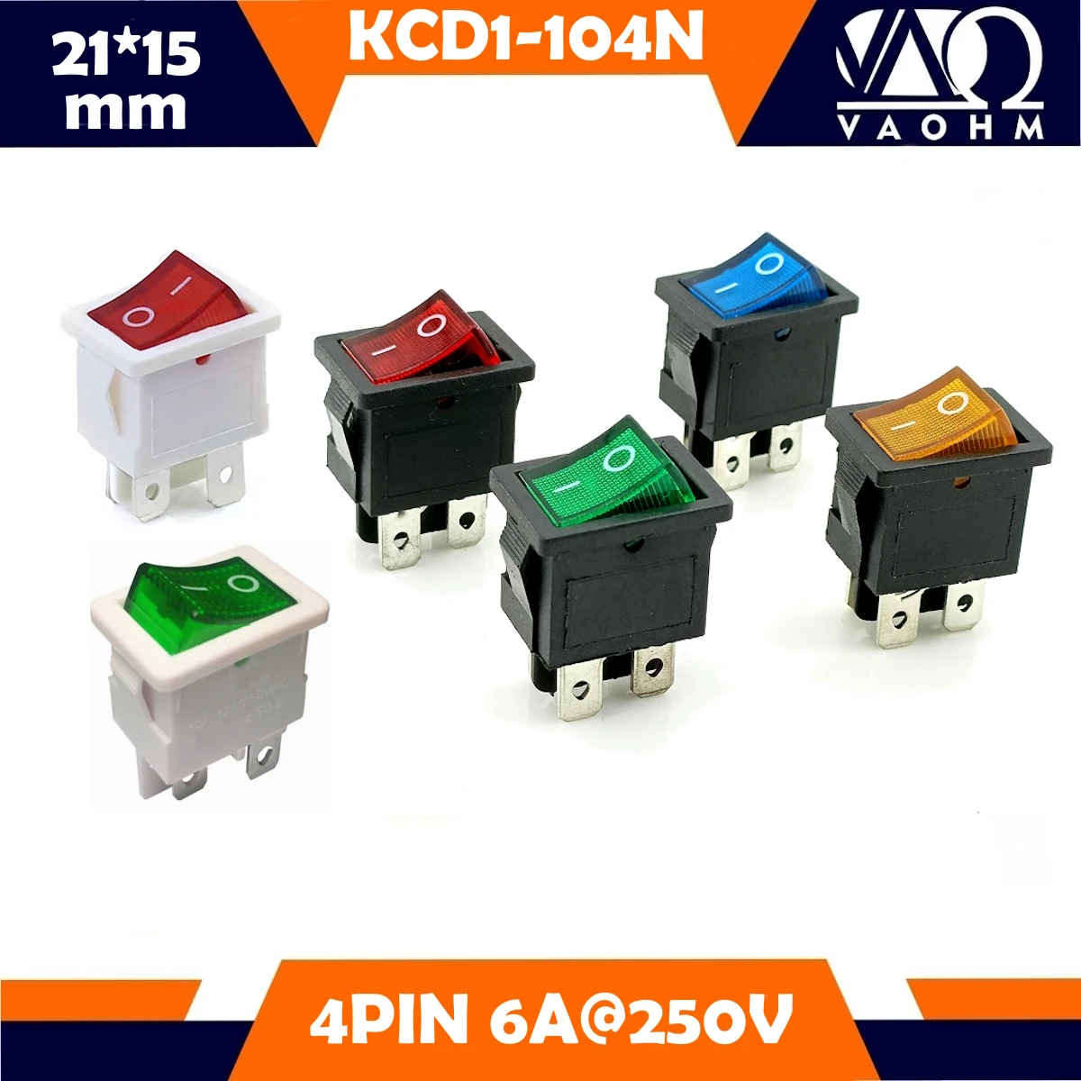 KCD1-104N ON-OFF Rocker Switch With Light DPST 4 Pins Copper 15*21mm 6A 250VAC/10A 125VAC