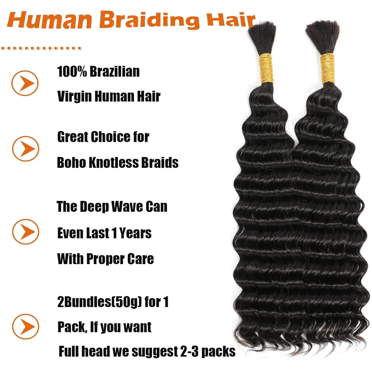 Human Braiding Hair 1 Bundle 50g 26 28 Inch Deep Wave Human Hair Bulk for Braids Hair No Weft 10A Virgin Curly Hair Extensions