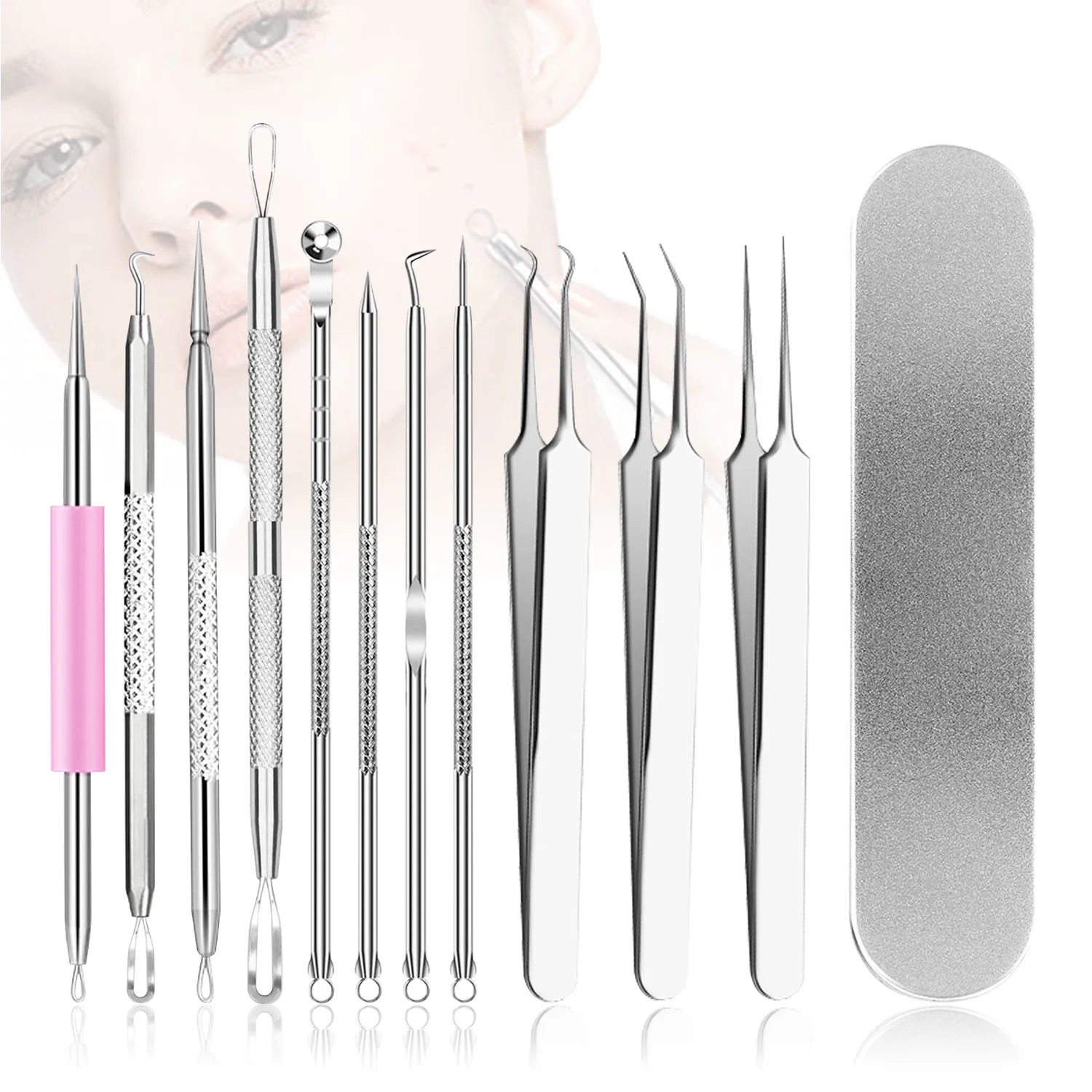 Mitesserentferner Komedonenquetscher Set,11 Stücke Hochwertiger Blackhead Remover aus Edelstahl von Mitessern und Pickeln im Gesicht, Pickel Ausdrücken Werkzeug mit Metallgehäuse