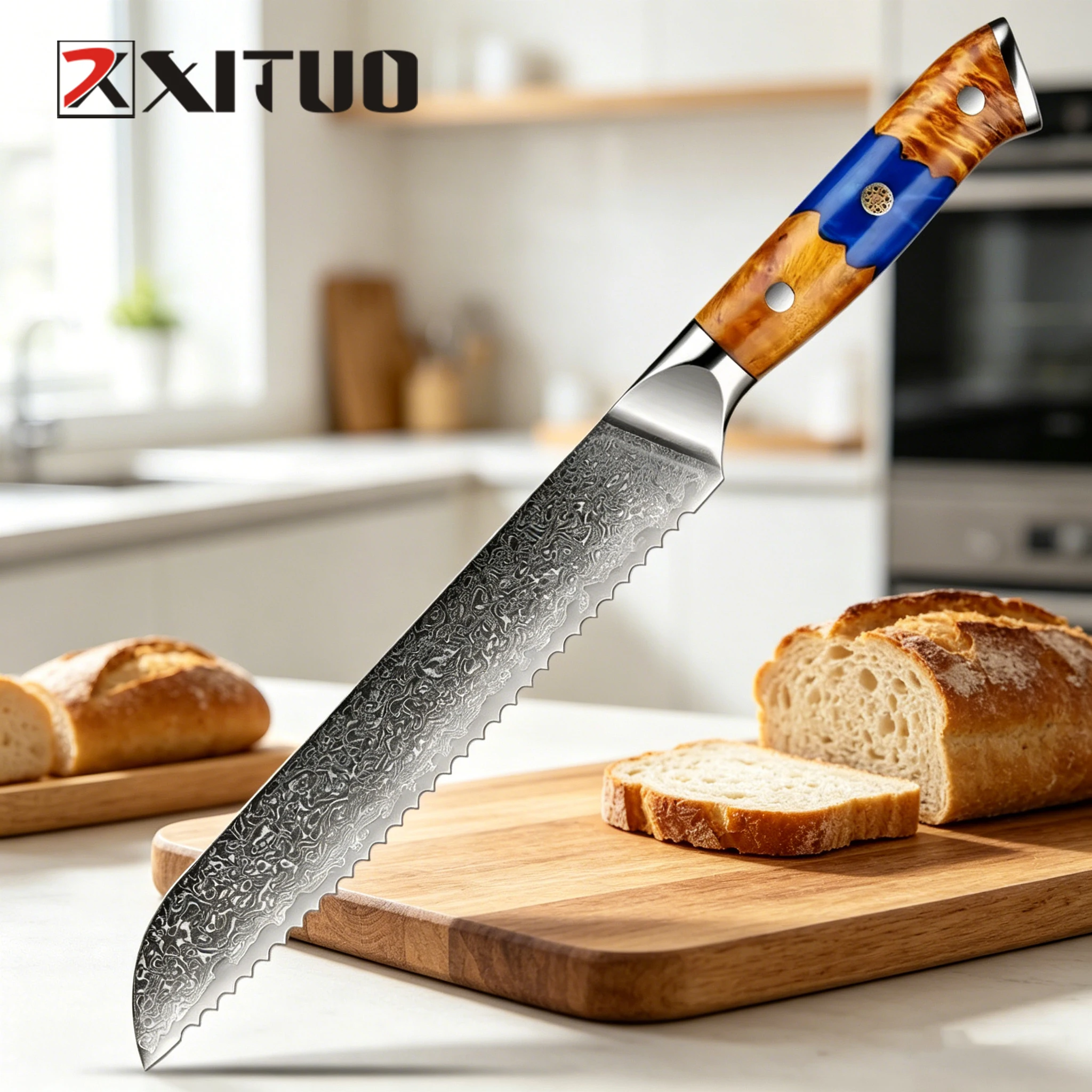 Cuchillo para pan XITUO de 8 pulgadas, mango de madera con resina azul, cuchillo de cocina dentado de acero de Damasco, afilado para cortar pan de masa madre, pasteles y tostadas