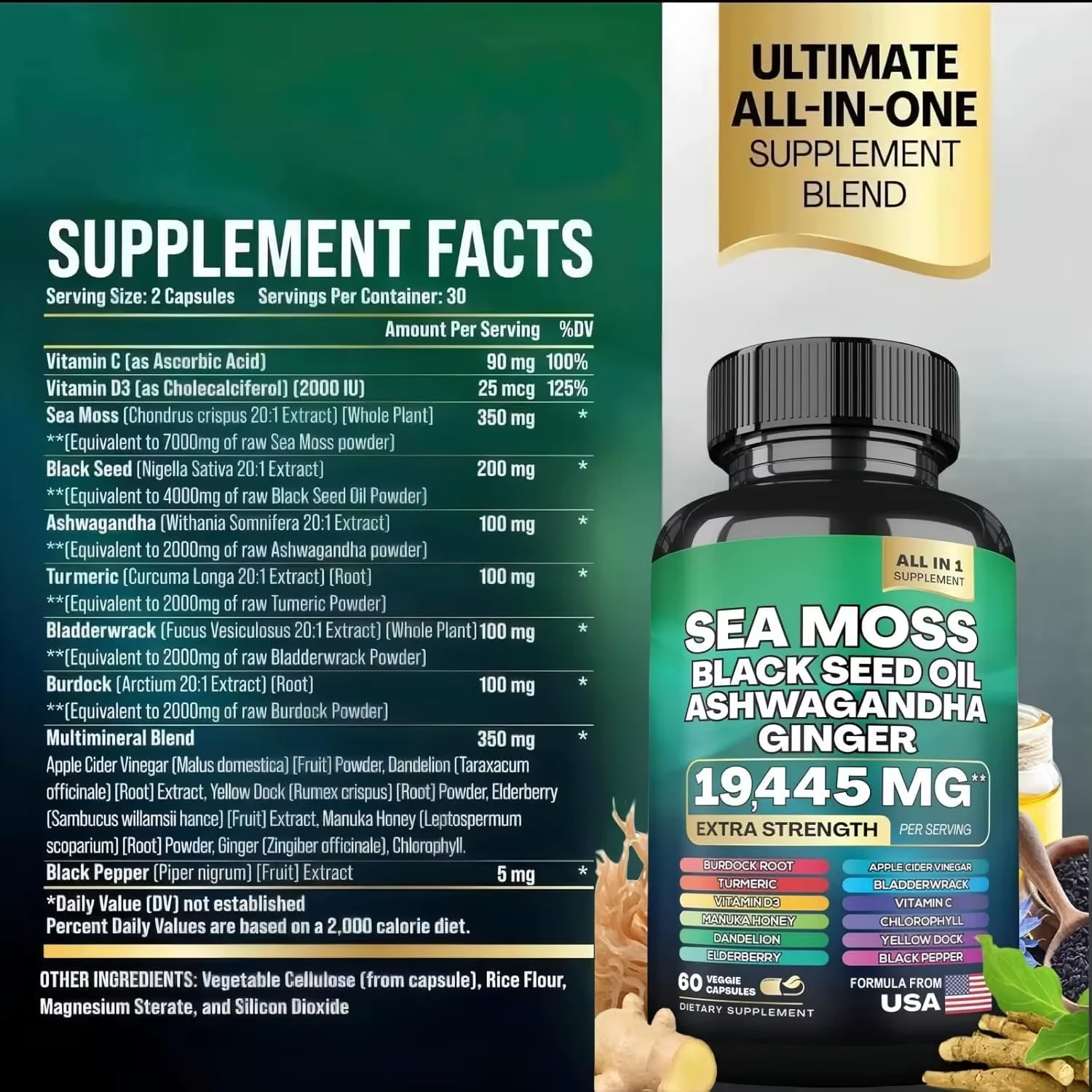 Sea Moss Black Seed Oil Ashwagandha Ginger Capsules - Turmeric Bladderwrack Burdock Vitamin C D3 Elderberry Manuka Dandelion Yellow Dock Iodine Chlorophyll ACV Supplement