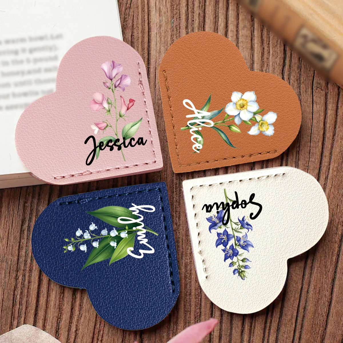 Custom Heart Faux Leather Magnetic Bookmark Personalized Birth Flower Multi Color Gift for Her Teachers Book Lovers