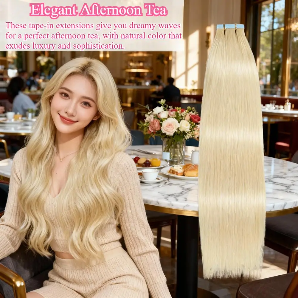 شريط أشقر في وصلات الشعر، شعر بشري بلاتيني # 613 شريط لحمة جلد مستقيم بدون خياطة في وصلات شعر بشري حقيقي 50 جرام #6