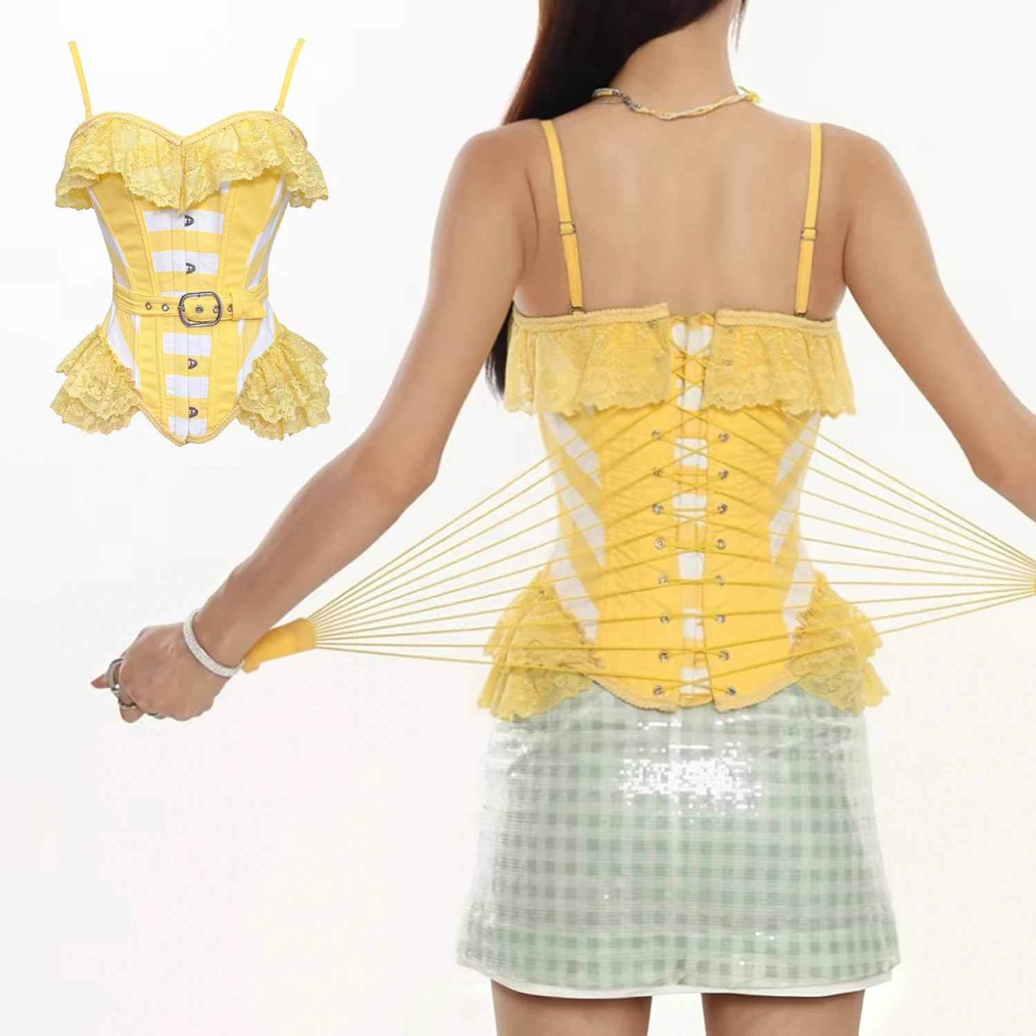 Boning Corset Steel - 女性用、ハートネック、黄色と白のストライプ柄、ファンレースアップ、肩紐付き、スチールボーン入り、バストを覆うコルセットトップス、Y2Kロリータ風。