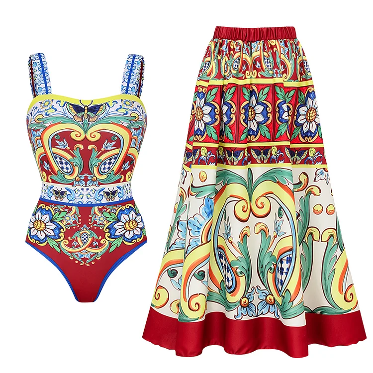 2024 Vintage  Pattern Printed One Piece Swimsuit  Swimwear Bikini  Set Women Beachwear Luxury Bathing Suit  tankini