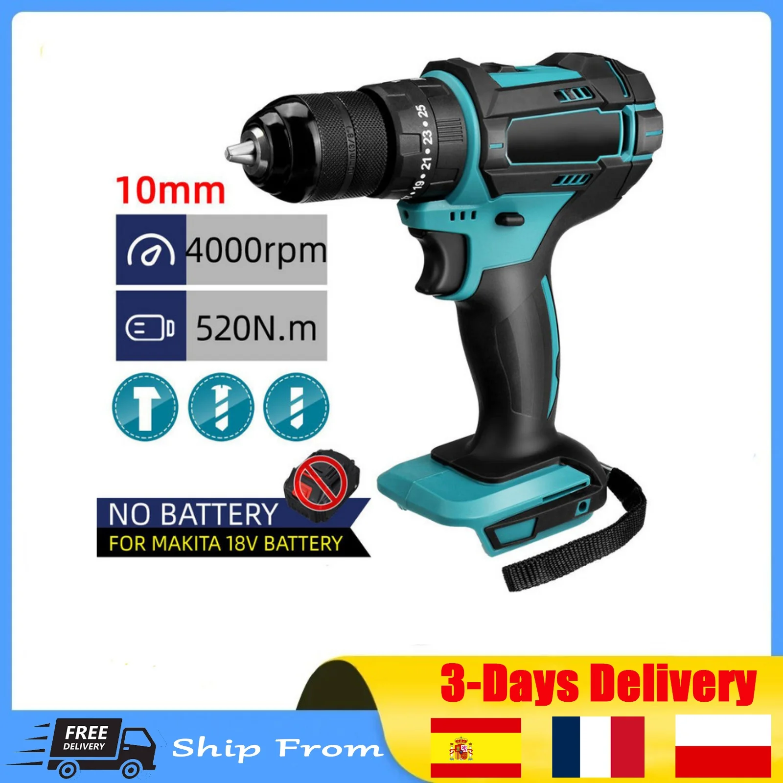 3 IN 1 4000rpm 520N.M Torque Electric Impact Drill 10mm 13mm Chuck Flat Drill Hammer Electric Screwdriver for Makita 18V Battery