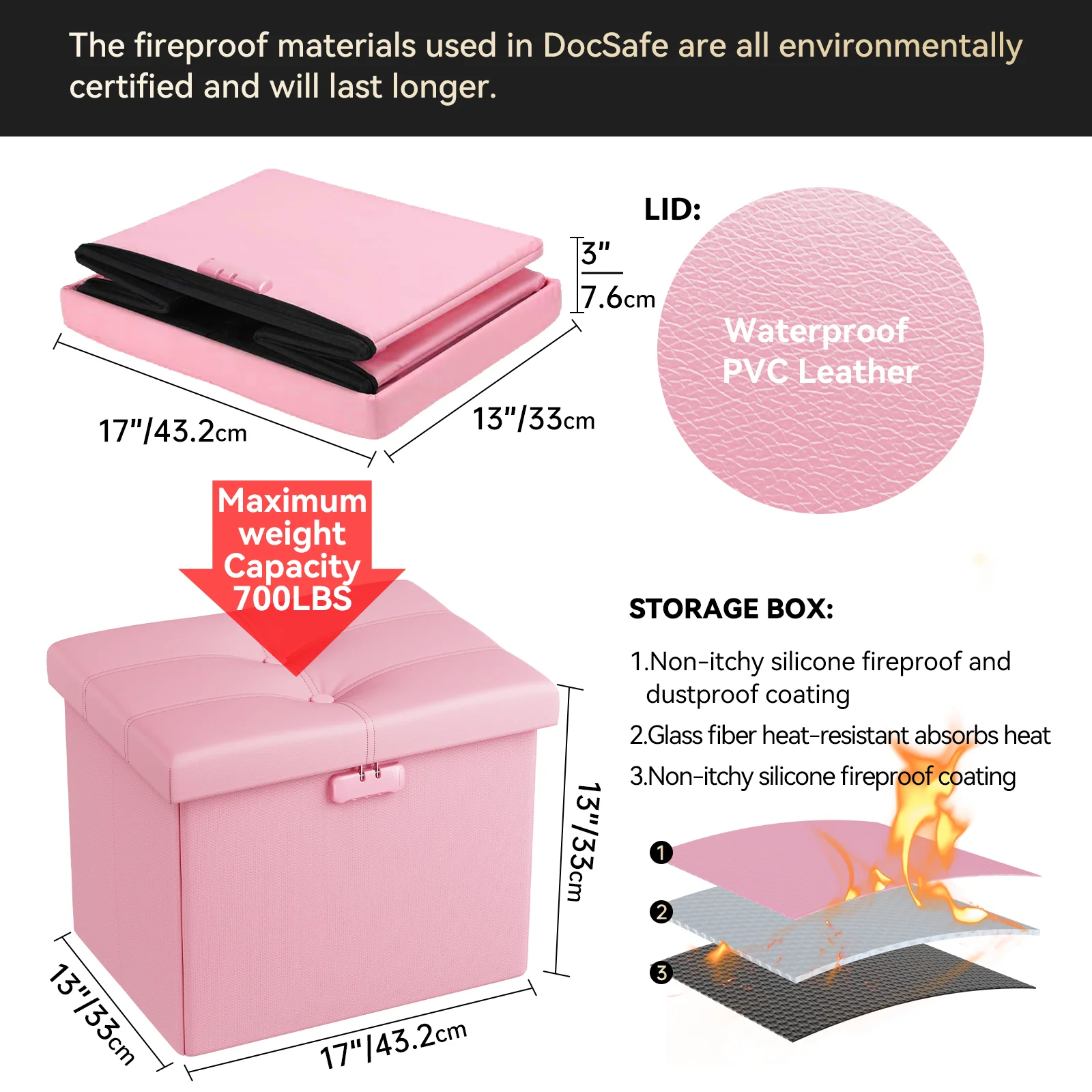 Fireproof Document Storage Box 43 x 33 x 33 cm—Suitable for Home, Office, and School; Foldable; Storage; Footstool