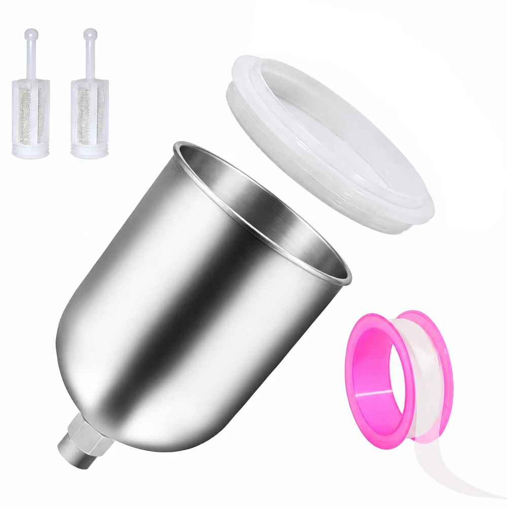600ml Aluminum HVLP LVLP Spray Gun Paint Cup M16x1.5 Thread Plastic Lid PTFE Tape Gravity Feed Automotive Primer Furniture DIY