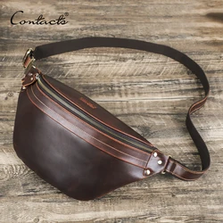 CONTACT'S Men's Waist Bag Genuine Leather Waist Pack Travel Fanny Belt Bag Phone Pouch Luxury Handbag Male Crossbody Chest Bag