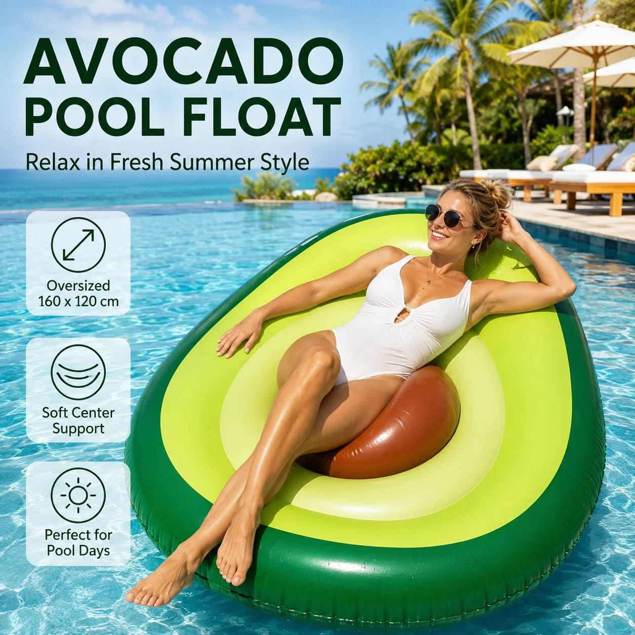 1 Stück Aufblasbare Avocado-Poolliege mit Getränkehalter, Riesiges Tropisches Pool-Floß, Robustes PVC-Schwimmbett für Erwachsene
