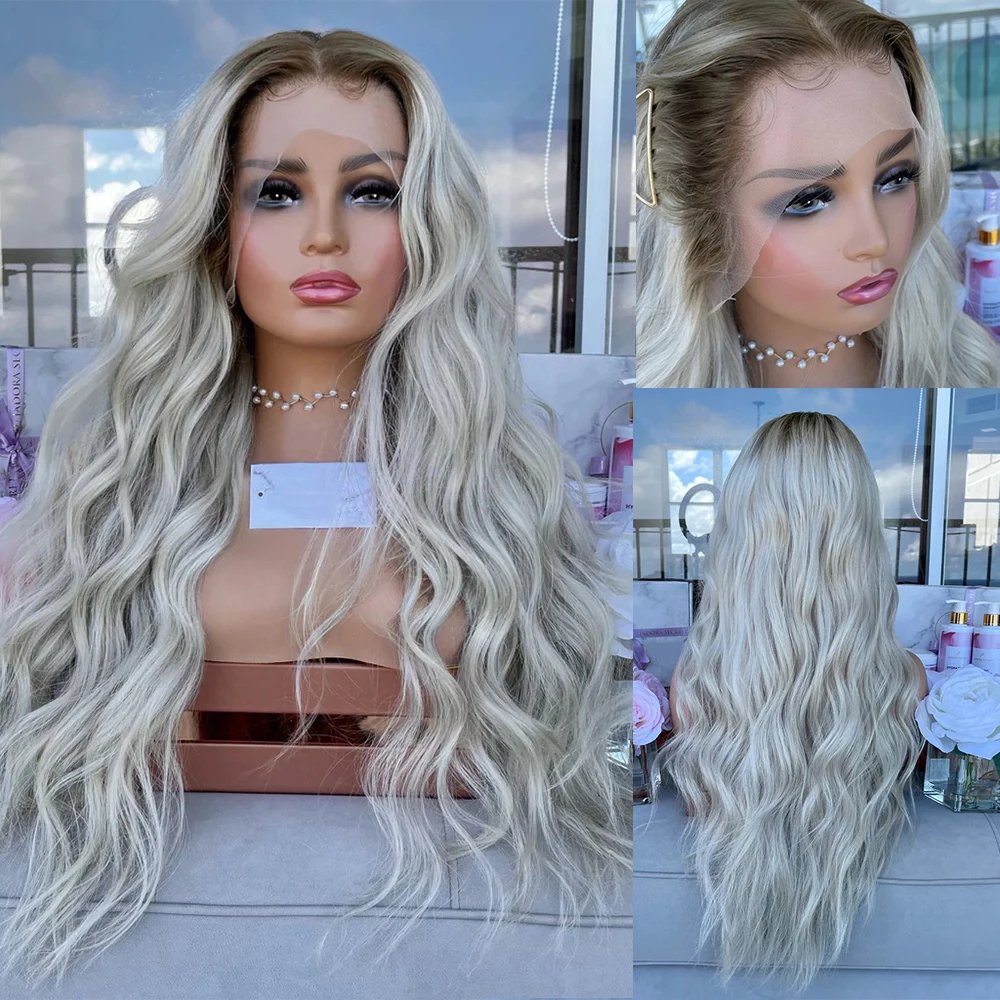 

Platinum Blonde Glueless Lace Front Wig High Density Natural Wave Human Hair Wig Ombre Ash Blonde Roots Pre Plucked 13x6 HD