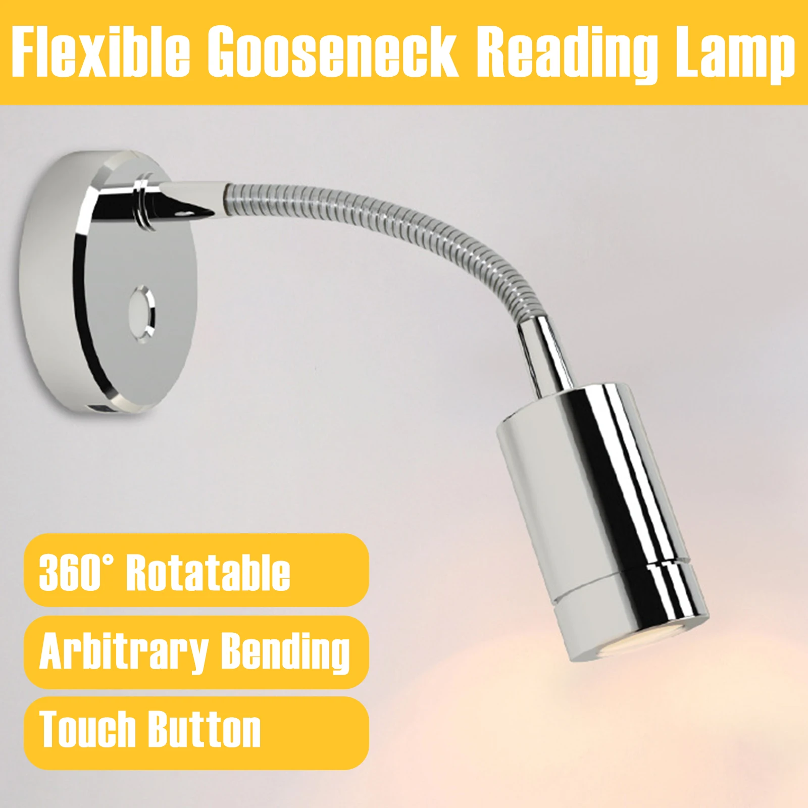 DC 12/24V 360° Flexing Touch Button LED Reading Light USB 2.4A Charging Port for Boat Marine RV Camper Wall Lamp