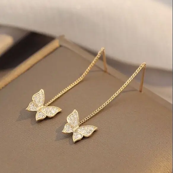 MADALENA SARARA 18k Yellow Gold Women Dangle Earrings Butterfly Character Diamond Pave Setting Rope Chain Au750 Made