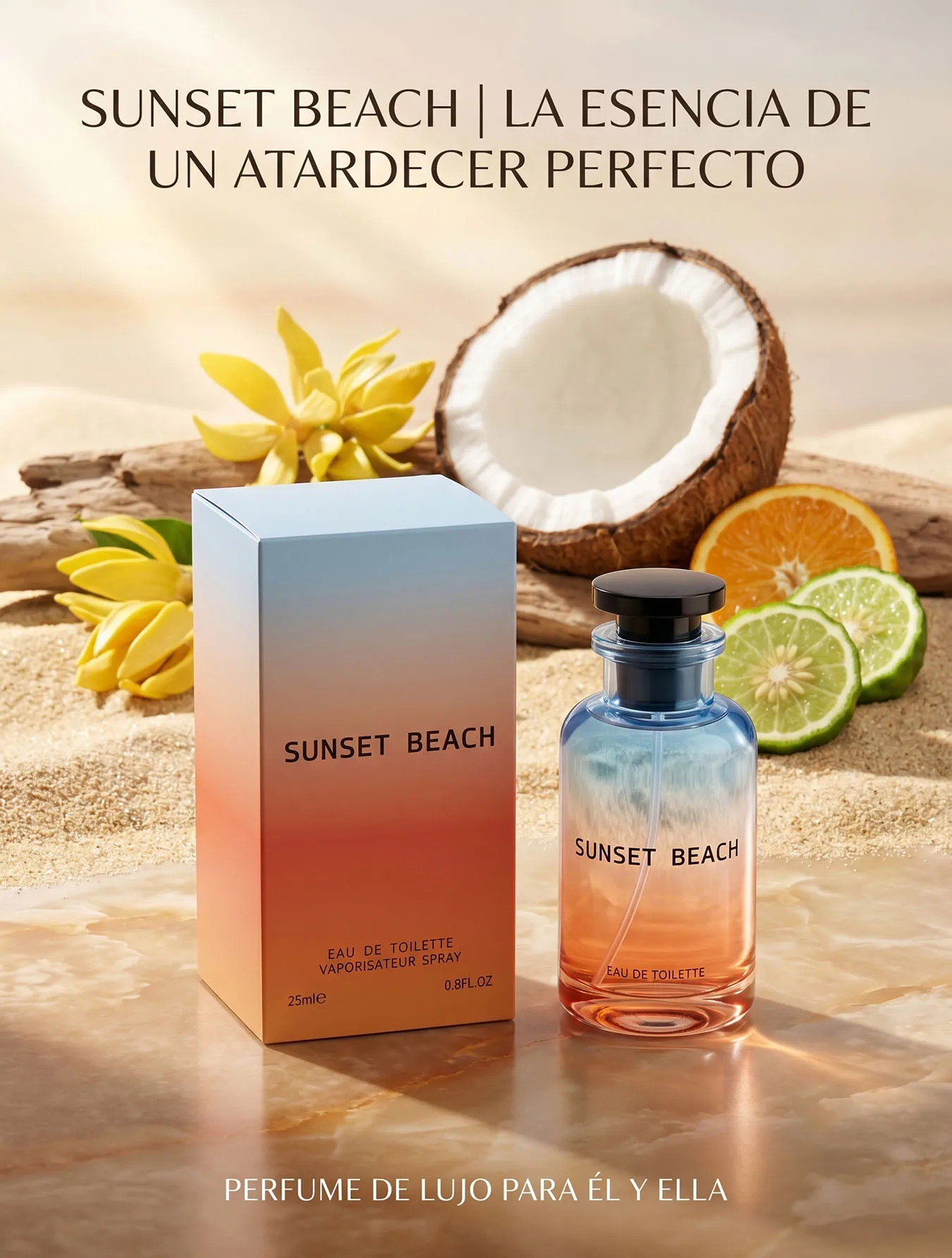 Perfume Sunset Beach Eau de Toilette Unisex Aroma Tropical Marino con Coco Cítricos Vainilla y Almizcle Fragancia Fresca para Verano Playa Viajes y Uso Diario Botella Degradada Azul Naranja Estilo Elegante Aroma Ligero