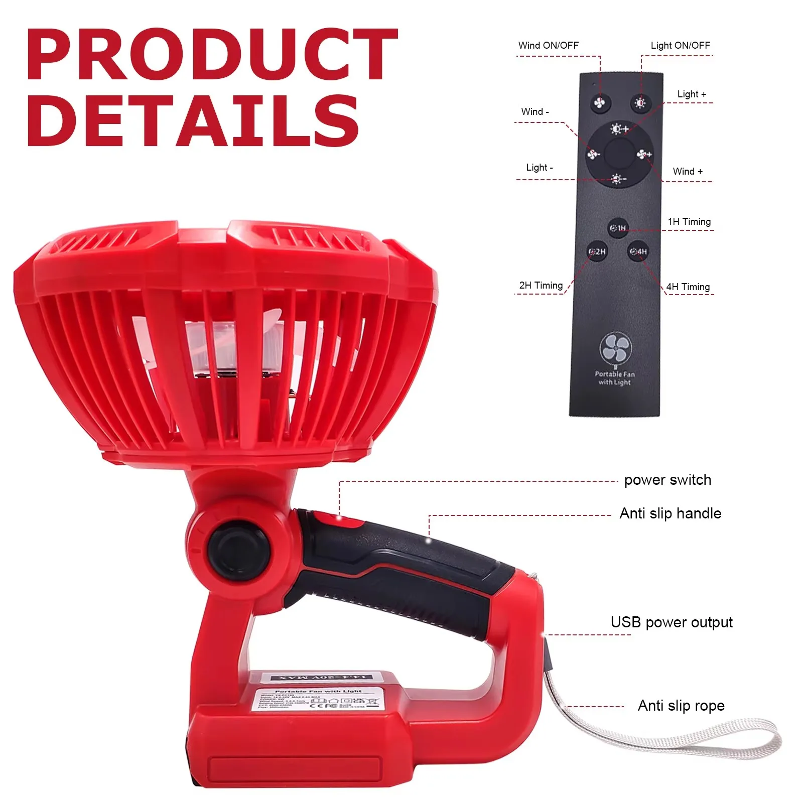 Cordless Jobsite Fan with Remote & LED Light & USB Charging Port Camping Fan for Milwaukee 18V Battery (No Battery)