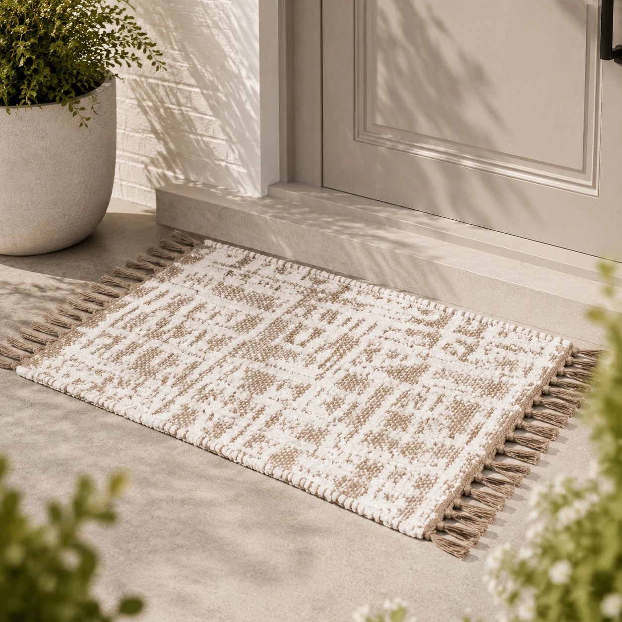 Geweven vloerkleed met franjes, antislip, boho-stijl voor entree, slaapkamer, woonkamer, keuken, badkamer en gang, wasbaar, decoratief