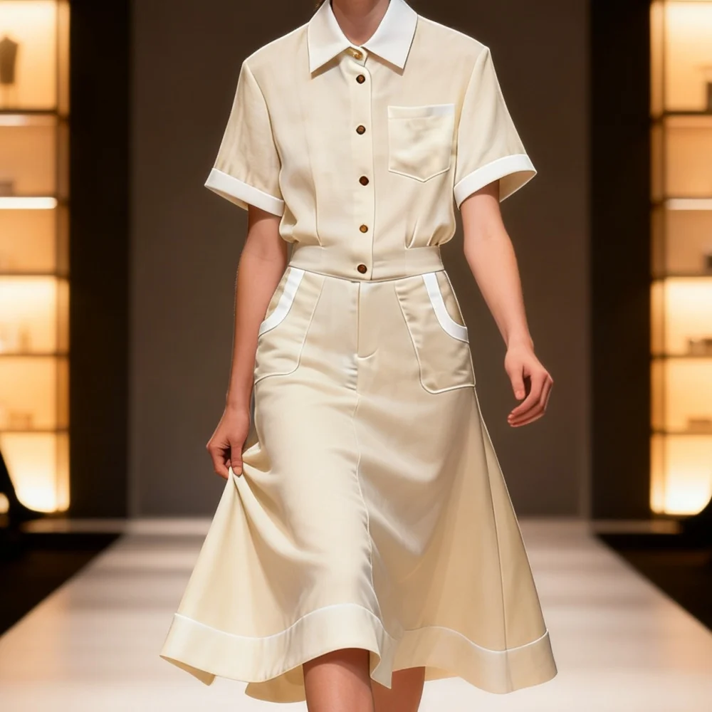 

2026 Elegant Women 2 Piece Outfit Set Short Sleeve Blouse High Waist Midi Skirt Office Lady Business Workwear Suit 014