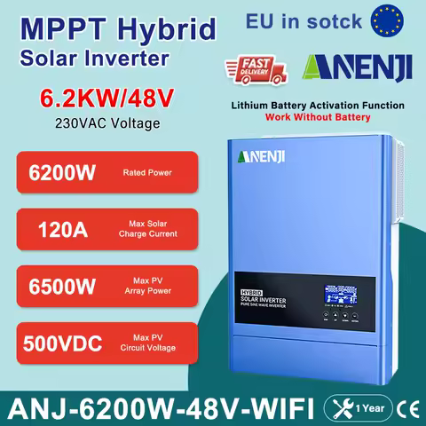 ANENJI 6.2KW 48V Hybrid Solar Inverter 230V Pure Sine Off Grid On Grid Inversor 120A MPPT Solar Charge Controller for PV panels
