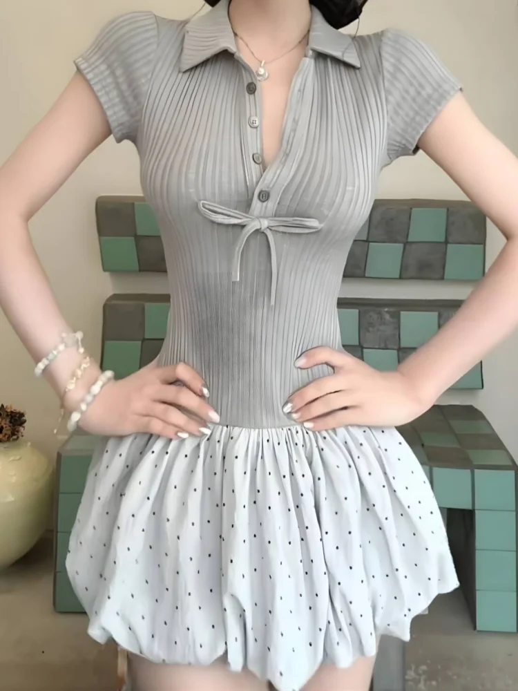 

Pure desire sweet short skirt summer waist slim design ballet style contrast color stitching sexy polka dot dress for women