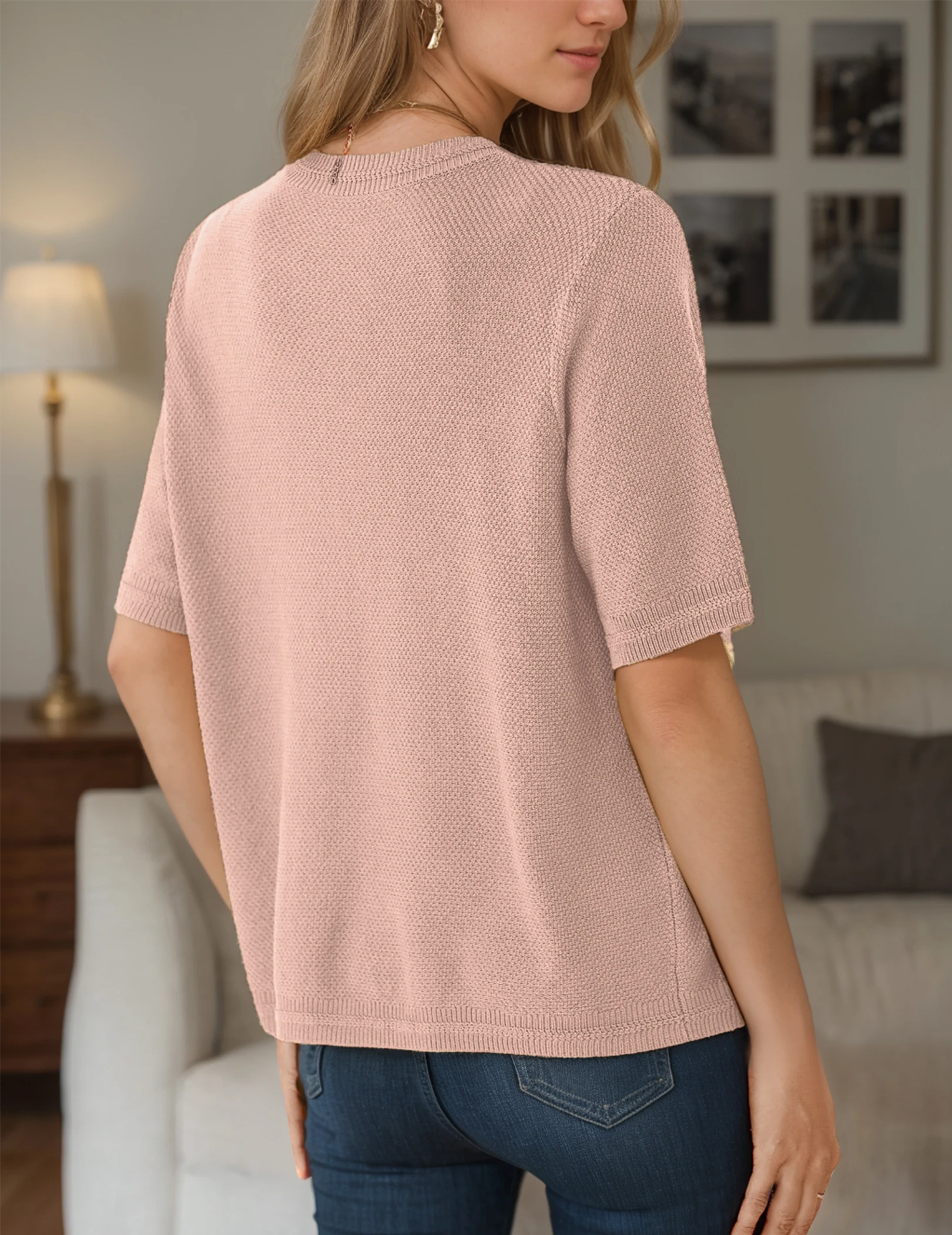 Women's Ladies Tweed Elegant Pearl Button Round Neck Top Office Business