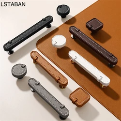 Luxury Cowhide Leather Cabinet Handles Wardrobe Kitchen Cabinet Knobs Zinc Alloy Shoe Cupboard Furniture Door Pulls Drawer Knob