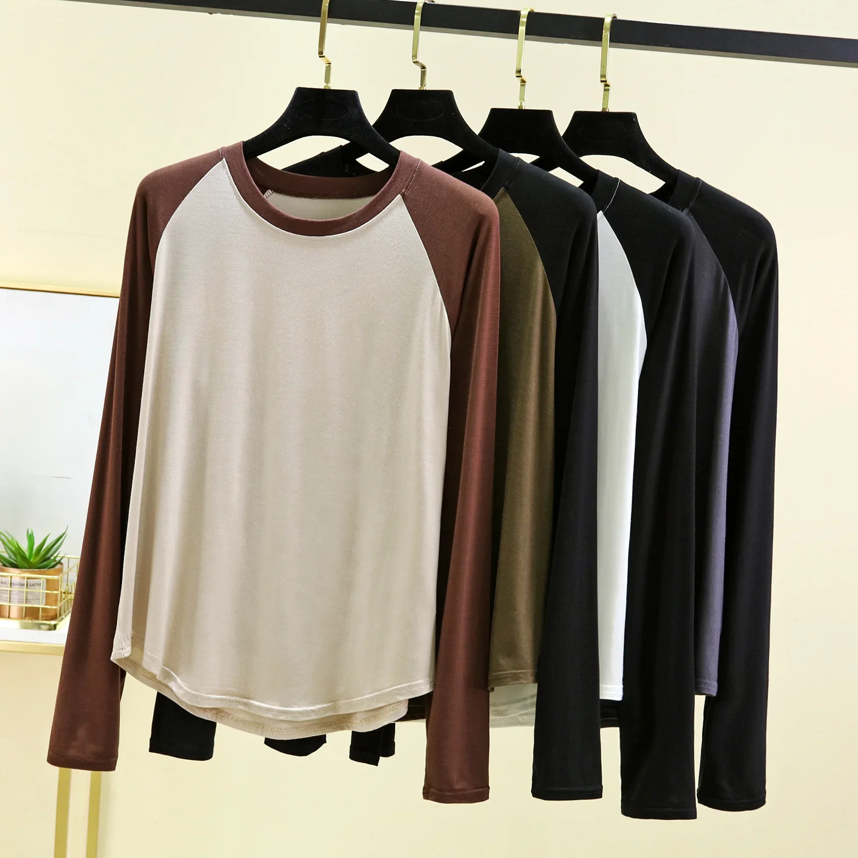 Prosty kontrastowy kolor Raglanowe rękawy Tshirt Długie rękawy Wiosna Damska luźna koszulka O-Neck Casual Tee Tops wszystkie mecze — zdjęcie 2