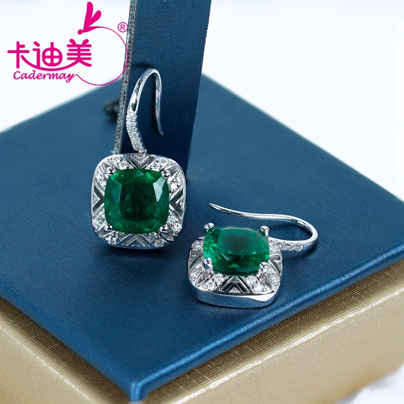 CADERMAY Fine Jewelry S925 Silver Lab Grown Emerald Cushion Shape High Quality Earrings For Women Wedding Party Gifts