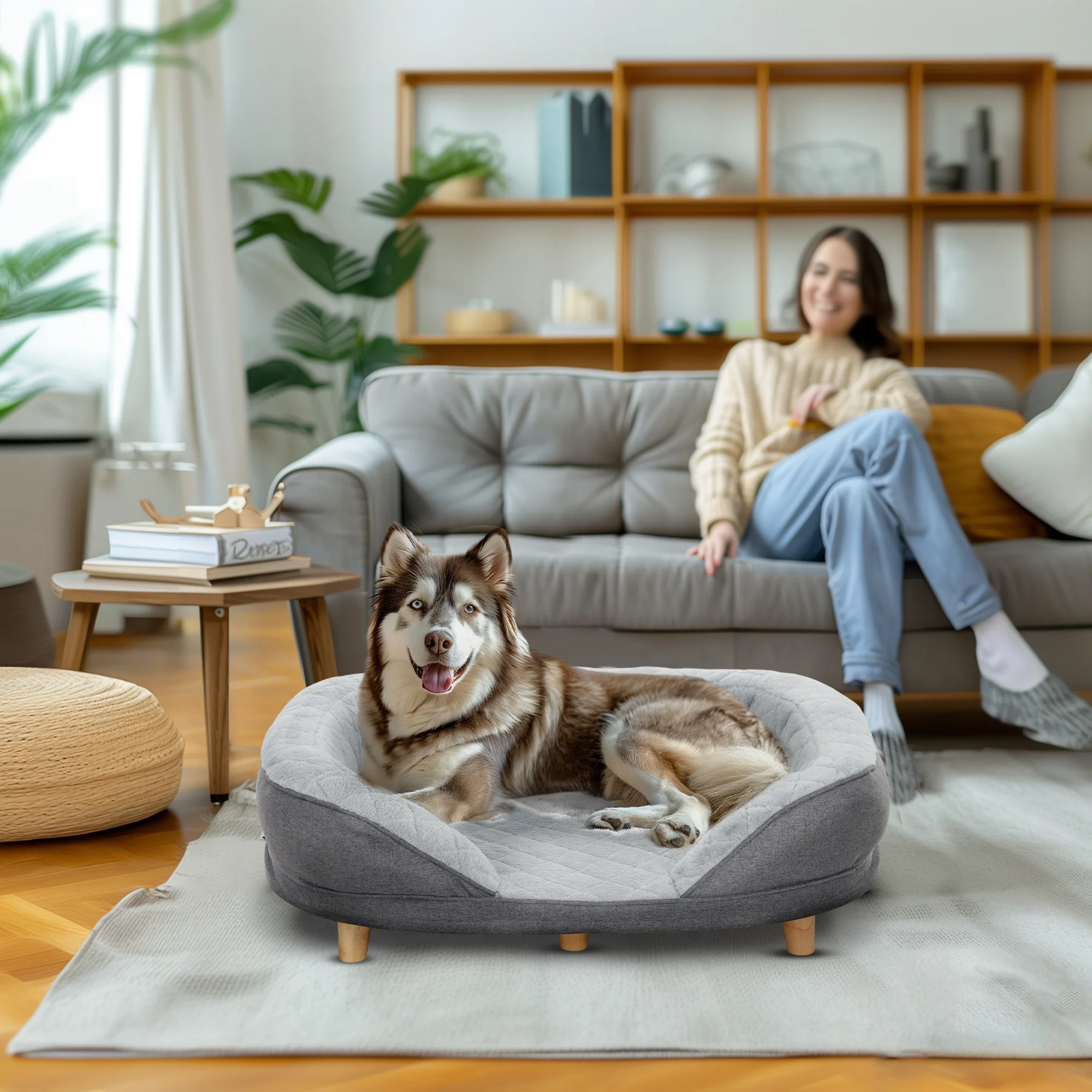 Canapé-lit surélevé ovale pour chien, avec housse amovible, pieds antidérapants, double doublure en lin et polaire, pieds en bois antidérapants, housse amovible et lavable, mousse orthopédique, pour chien de taille moyenne, mobilier d'intérieur pour animaux de compagnie