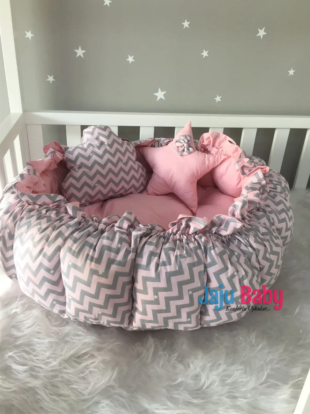 Handgemaakte Roze Zigzag Patroon Luxe Speelmat Babynest