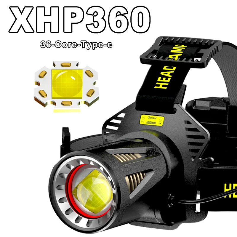 100000LM XHP360 High Power Fishing Headlamp Rechargeable Light Headlight Camping Hiking Led Flashlights 7800mAH As a Power Bank