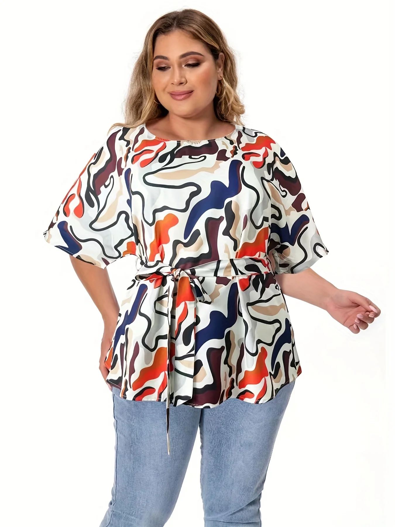 Plus size damska moda wiosenna i letnia styl pop art przesadzone nadruki okrągły dekolt i talia kolorowe topy z krótkim rękawem Admin