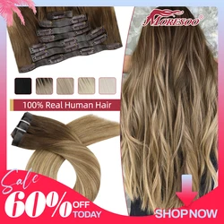 Moresoo PU Clip in Extensions Real Human Hair Straight Seamless Invisible 7pcs Balayage Ombre #3/8/22 Machine Remy Hair Natural