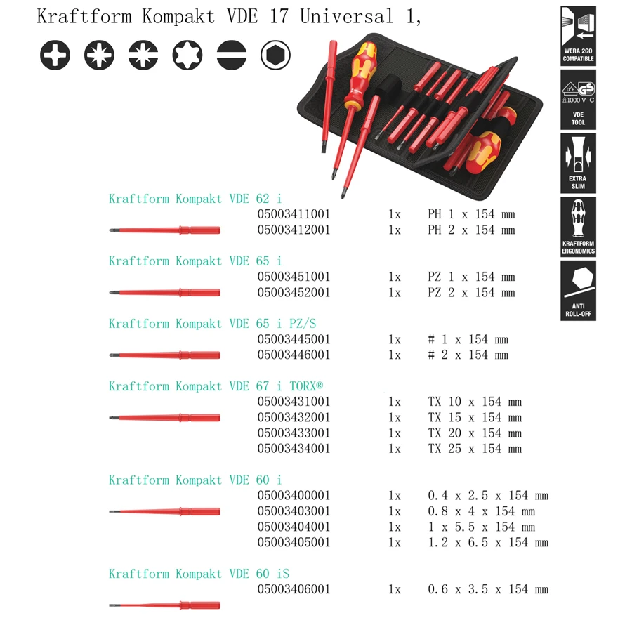 WERA 05059030001 Insulated Screwdriver Set 17 Pieces Kraftform Kompakt VDE 17 Universal 1