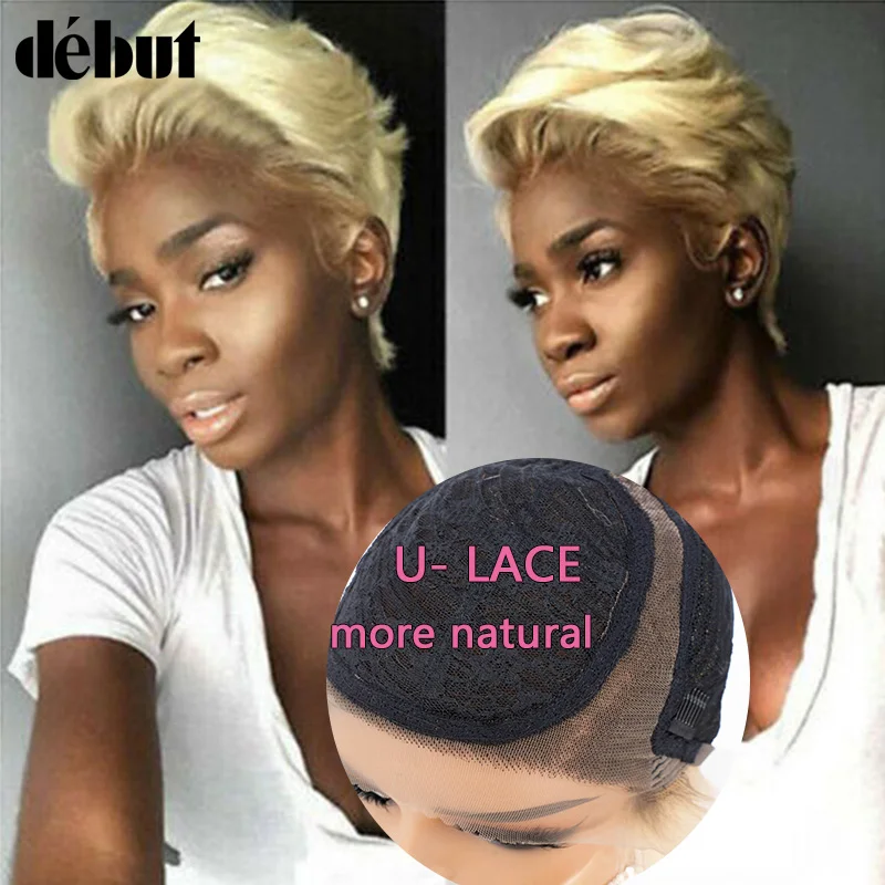 Joedir 613 blond Short Pixie Cut Human Hair Wigs Natural Straight Remy Brazilian T Part Bob Transparent Lace Wig For Women