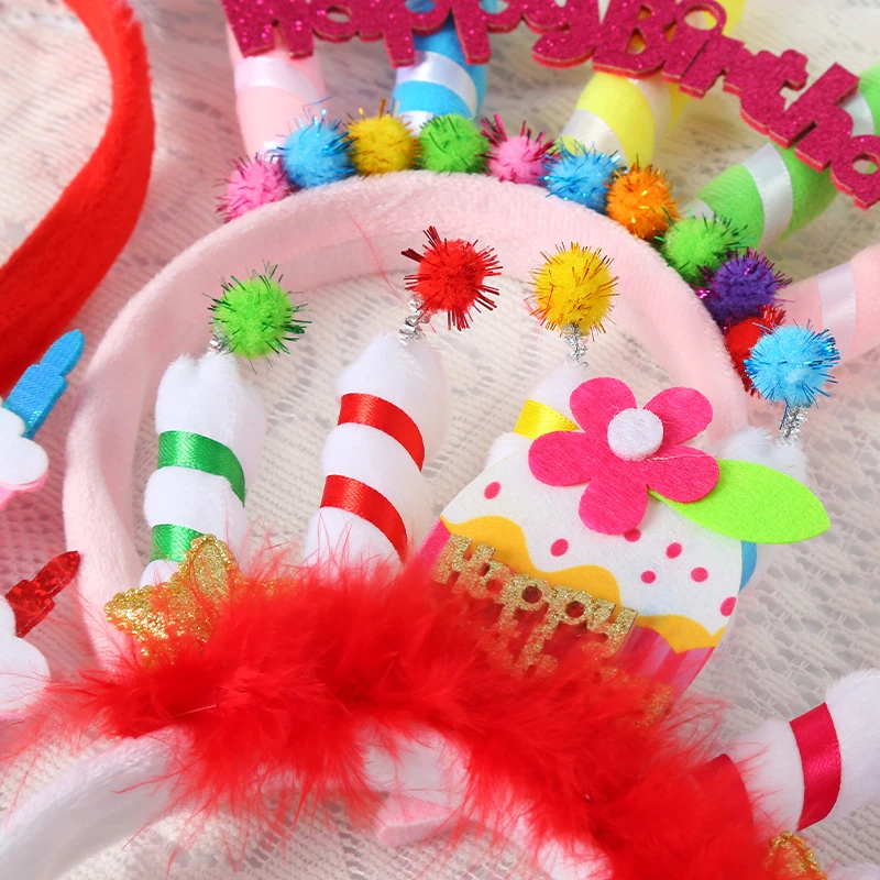 Happy Birthday Cake Candle Sequins Soft Feather Pink White Hairball Headband Hat Caps For Kids Birthday Party Decoration Supplie