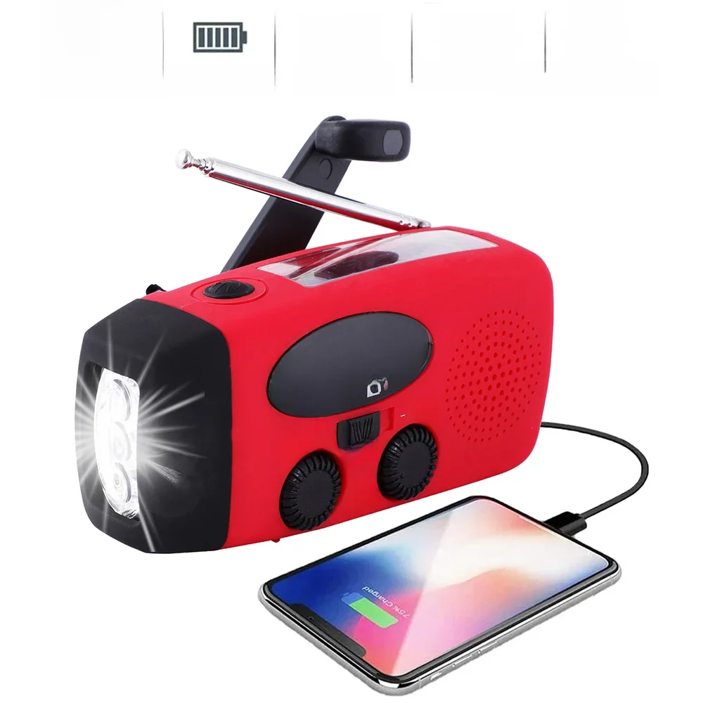 Solar Hand Crank Powered Camping Light With AM/FM Radio Outdoor 2000mAh USB Charging Multifunctional Hand Dynamo LED Flashlight