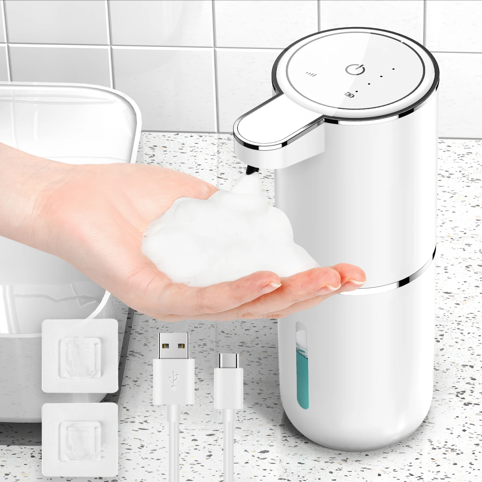 Automatische Zeepdispenser 400ml USB Oplaadbaar Touchless Sensor Handzeepdispenser, Schuim- & Gelzeepdispenser met 4 Instelbare Niveaus Ipx5 Waterdicht voor Badkamer Keuken Huis