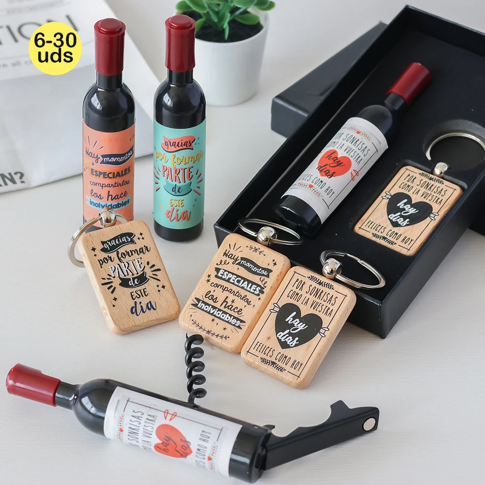 6-30 Pcs Lot Corkscrew set Gift Keychain Wine Corkscrew Wooden Phrase Keychain Wedding Guest Gifts Guest Details Non-Personalized Gift Store