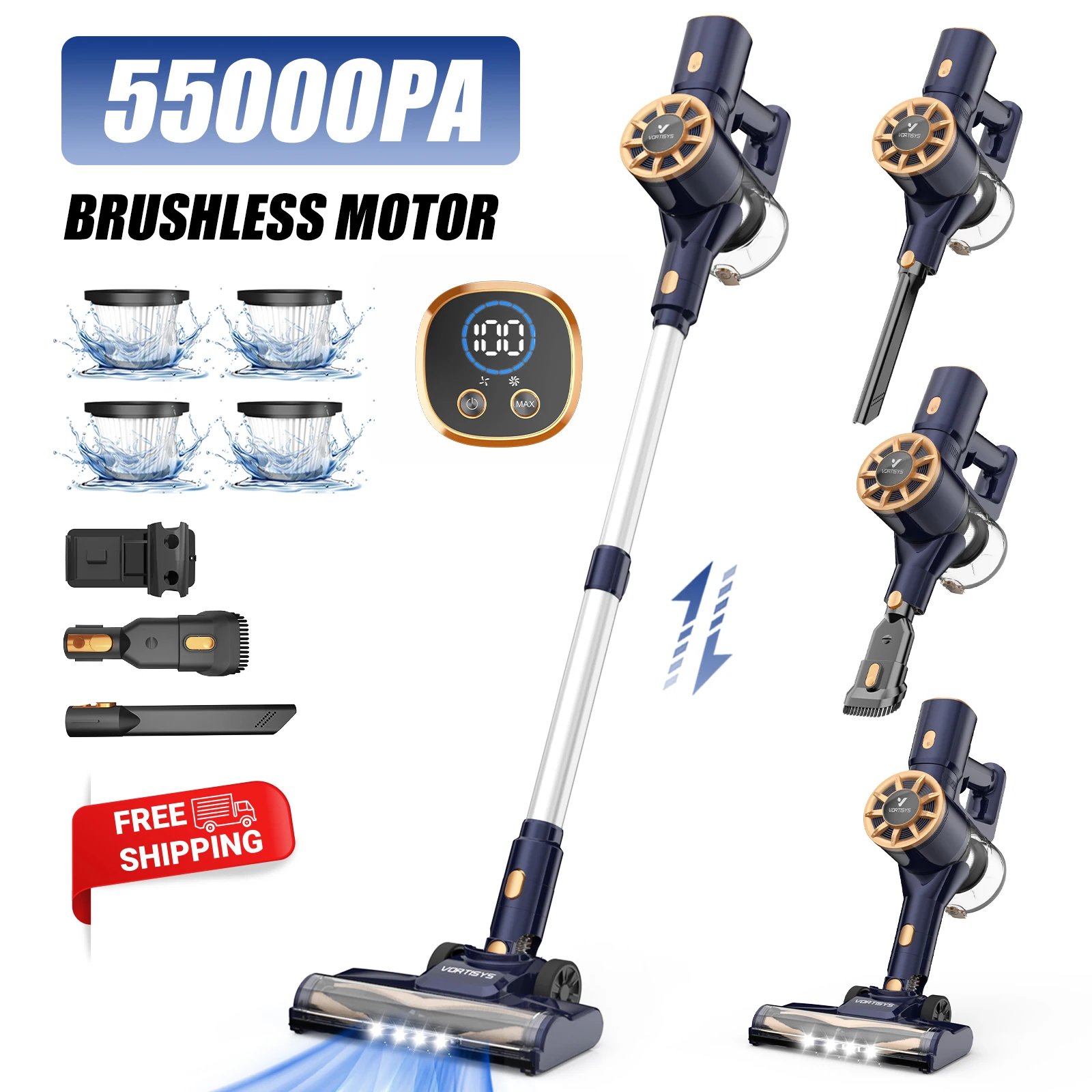Aspirateur Vortisys N9, ventouse 55000 Pa, moteur sans balais, autonomie de 55 minutes, filtre HEPA, aspirateur