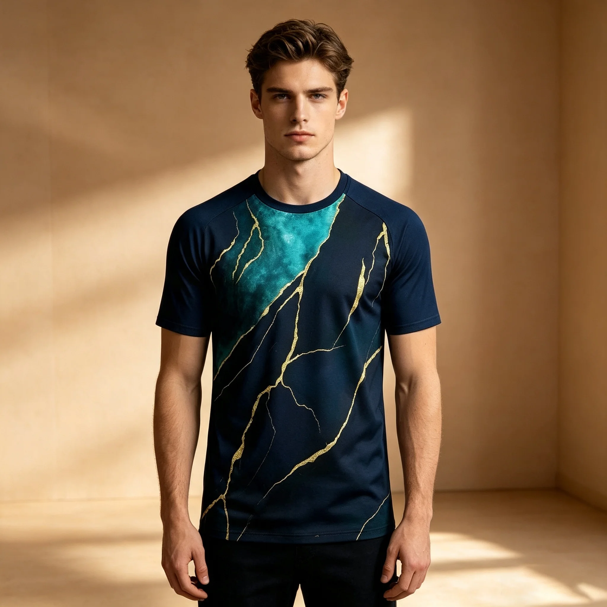 Men Navy Gold Marble Print Short Sleeve T-shirt Summer Fashion Casual All Over Print Crew Neck Tee Tops