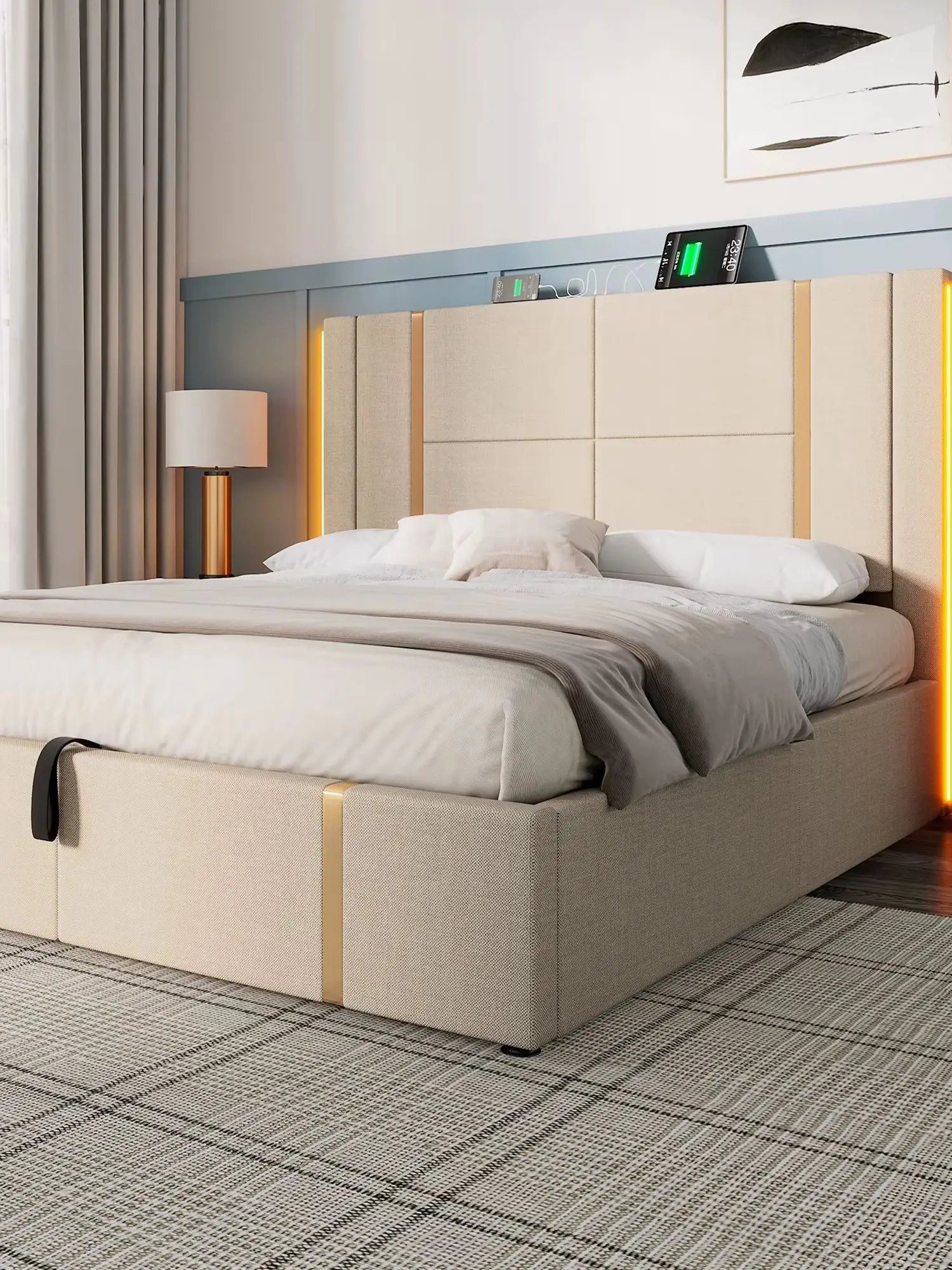 Polsterbett Doppelbett 180x200 cm Stauraum mit USB und Typ C Ladeanschluss RGB LED Beleuchtung Beige Leinenstoff Bettgestell mit Holzlattenrost für Schlafzimmer