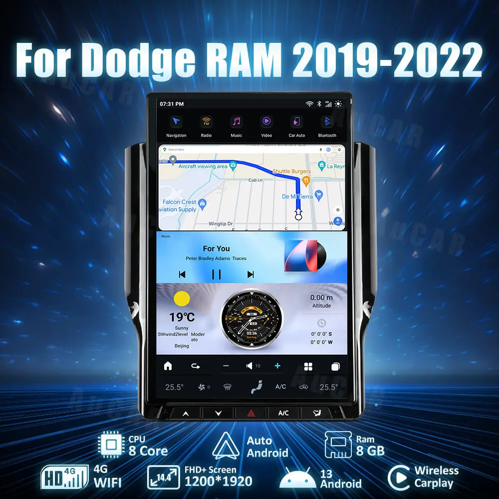 

Головное устройство AuCar 14,4 ''на Android 13 в стиле Тесла, автомобильное стерео радио, GPS-навигация для Dodge Ram 2019-2022, автомобильный DVD-плеер