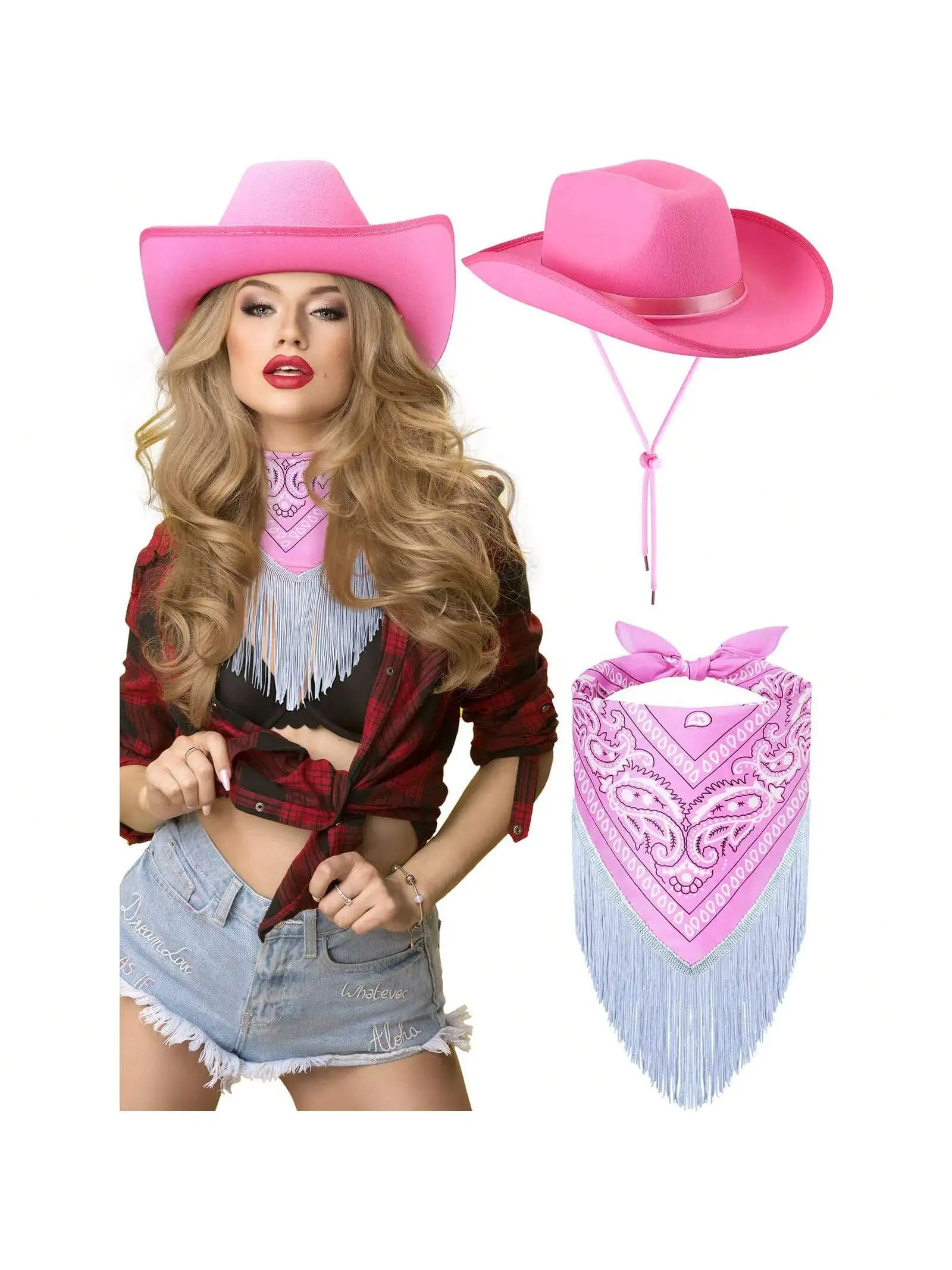 2pcs Cowgirl Hat Disco Fringed Bandana Felt Cowboy Hat with Adjustable Neck String and Ribbon Paisley Bandanas Love Heart Glasse