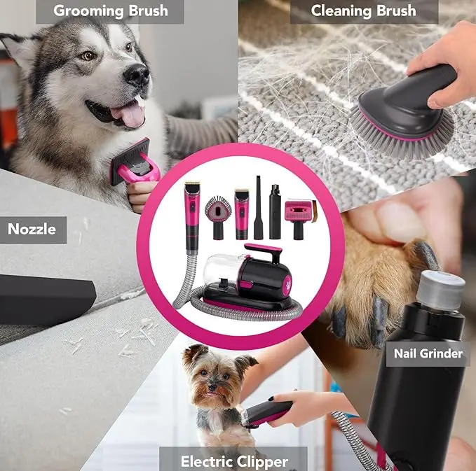 Dog Grooming Vacuum Kit, 1.5L Large Capacity Dog Vacuum Pet Hair Removal tool with Paw Trimmer/Deshedding Brush/Dog clippers/Nai